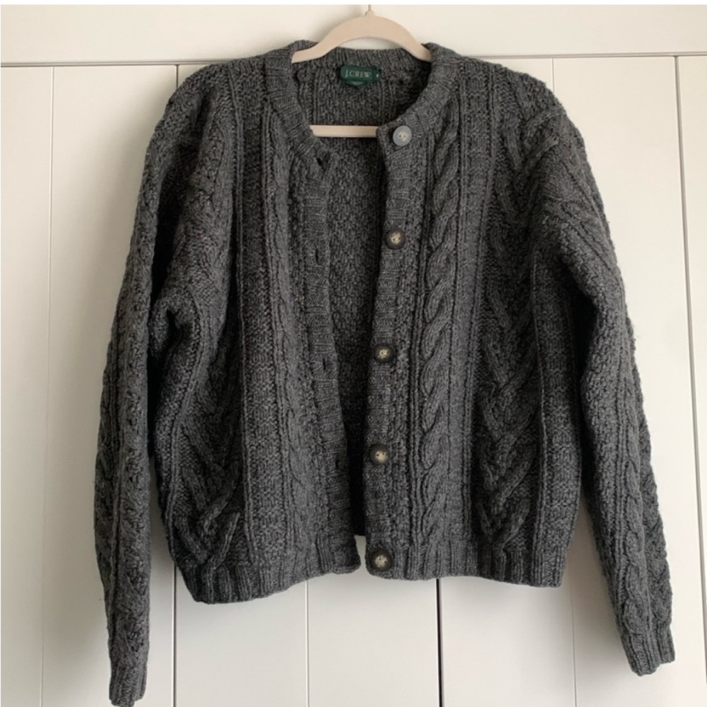 RARE Vintage J.Crew 100% Wool Chunky Cable Knit Gray Boxy Cardigan Medium